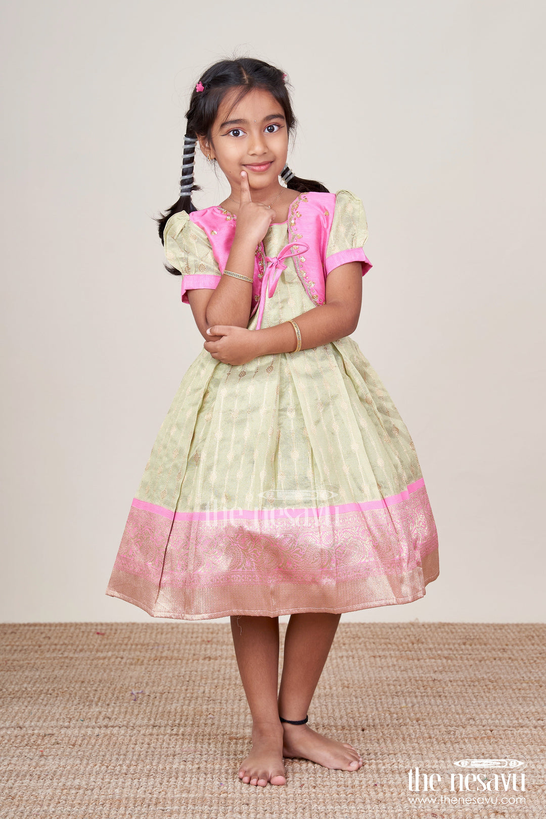 The Nesavu Silk Party Frock Baby Girl Silk Frock for Traditional Functions and Family Occasions Nesavu 16 (1Y) / Pink SF1050B-16 Nesavu baby girl silk frock traditional functions zari pleats ethnic bodice