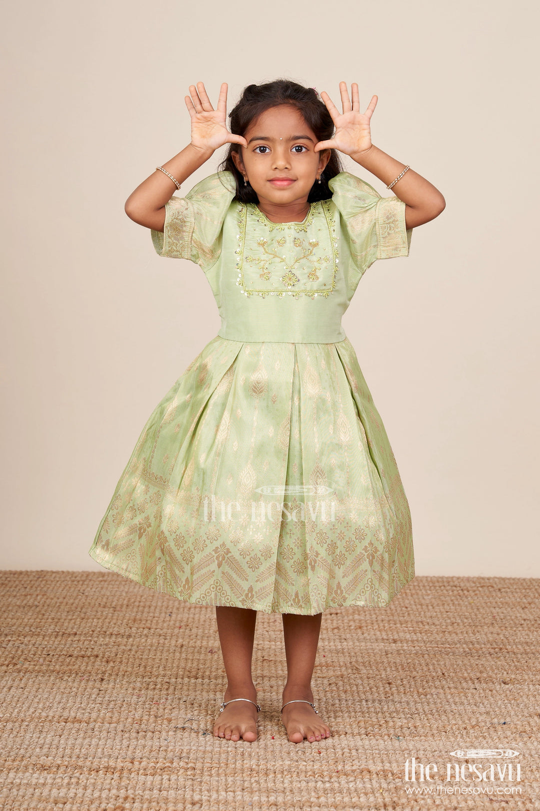 The Nesavu Silk Party Frock Baby Girl Silk Frock for Traditional Occasions and Milestone Moments Nesavu 16 (1Y) / Green SF1041A-16 Nesavu baby girl silk party frock zari tissue skirt  perfect weddings traditional ceremonies