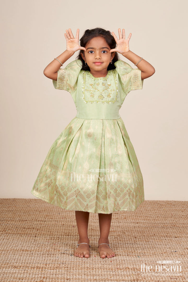 The Nesavu Silk Party Frock Baby Girl Silk Frock for Traditional Occasions and Milestone Moments Nesavu 16 (1Y) / Green SF1041A-16 Nesavu baby girl silk party frock zari tissue skirt  perfect weddings traditional ceremonies