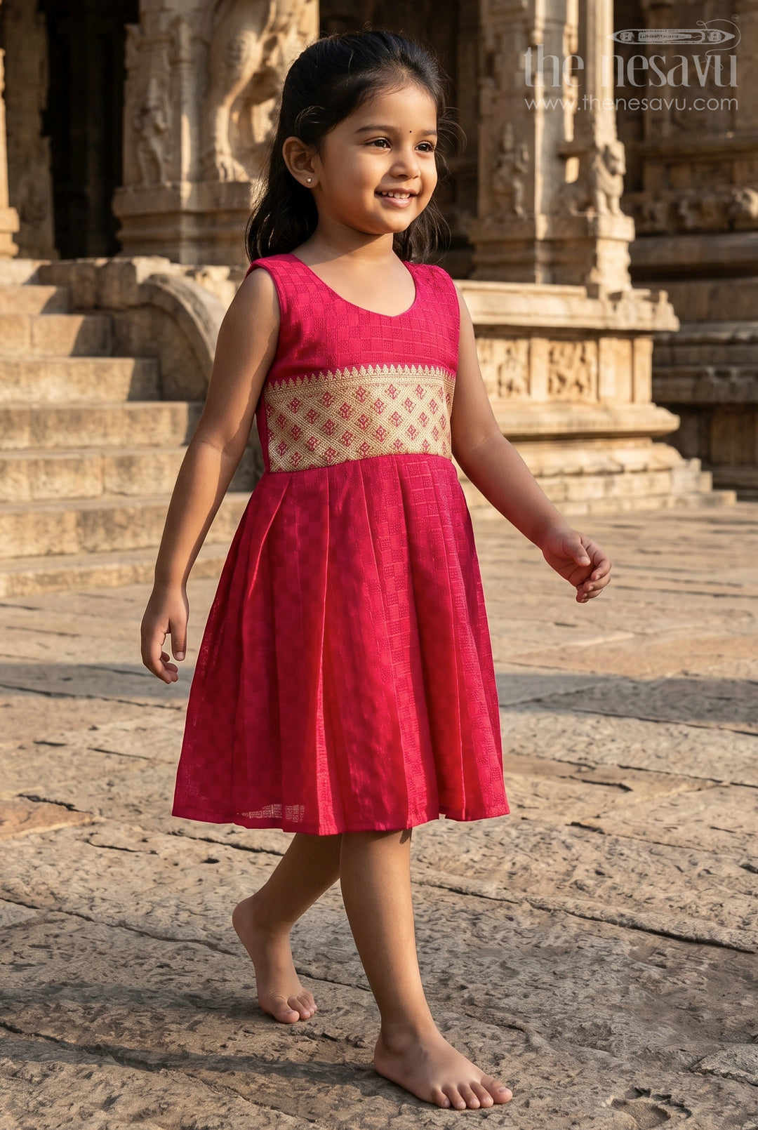 The Nesavu Silk Frock Baby Girl Silk Frock for Wedding Receptions and Cultural Occasions Nesavu 14 (6M) / Maroon / Cotton Silk SF1126A-14 Nesavu sleeveless silk frock for baby girls with paithani border – ideal for weddings and traditional celebrations