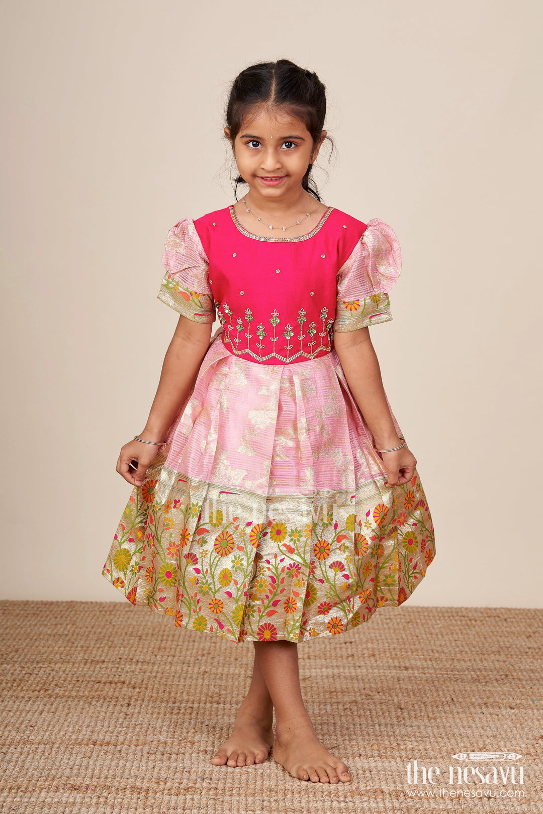 The Nesavu Silk Frock Baby Girl Silk Frock for Weddings and Festive Ceremonies Nesavu Nesavu baby girl silk frock floral zari design weddings festive ceremonies