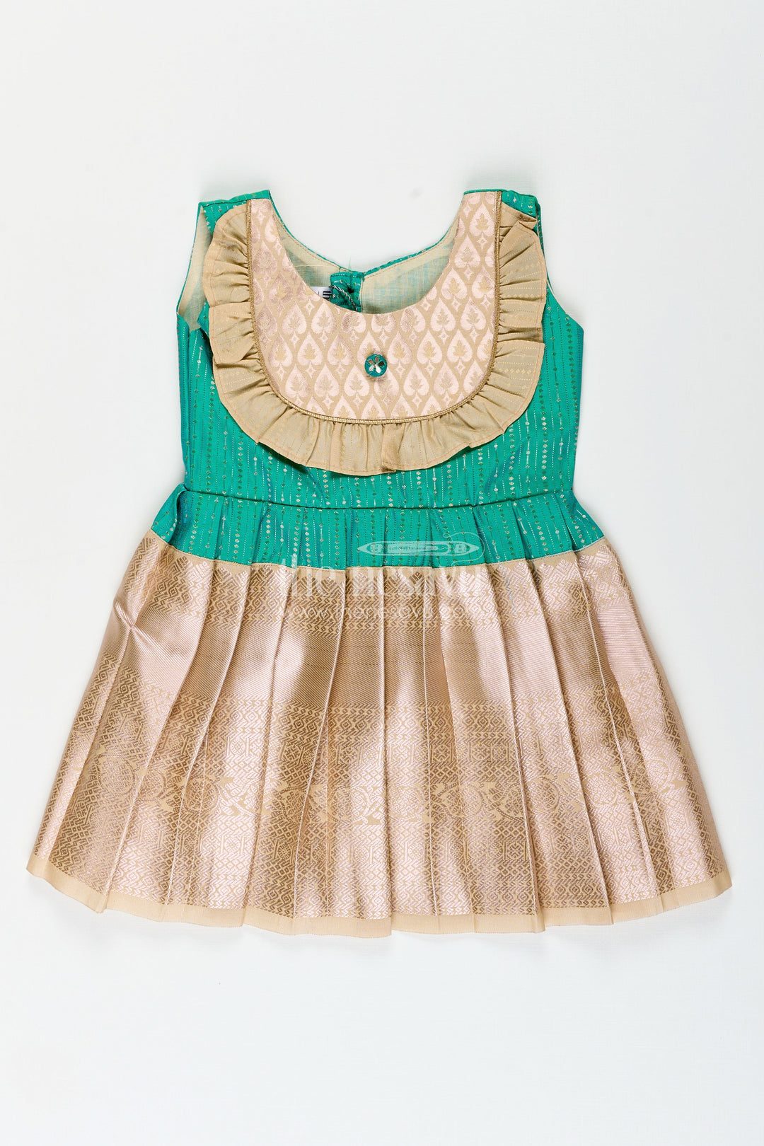 The Nesavu Girls Kanchi Silk Frock Baby girl silk frock for weddings and festive occasions Nesavu 16 (1Y) / Green / Style 1 SF1005AA-16 Nesavu baby girl silk frock weddings festive occasions semi Kanchivaram style