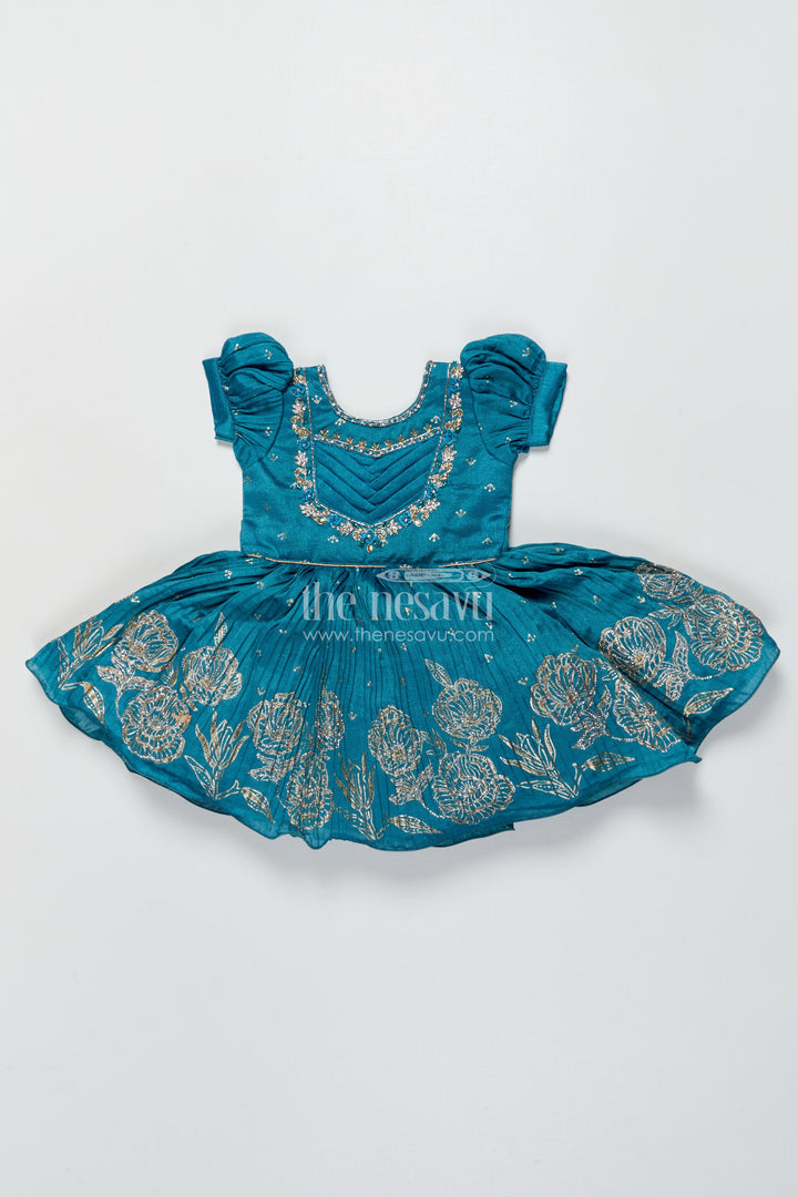 The Nesavu Silk Frock Baby Girl Silk Frock In Blue with Designer Yoke for Festive Functions Nesavu 18 (2Y) / Blue SF1035A-18 Nesavu baby girl silk frock blue chinnon designer yoke  perfect weddings special occasions