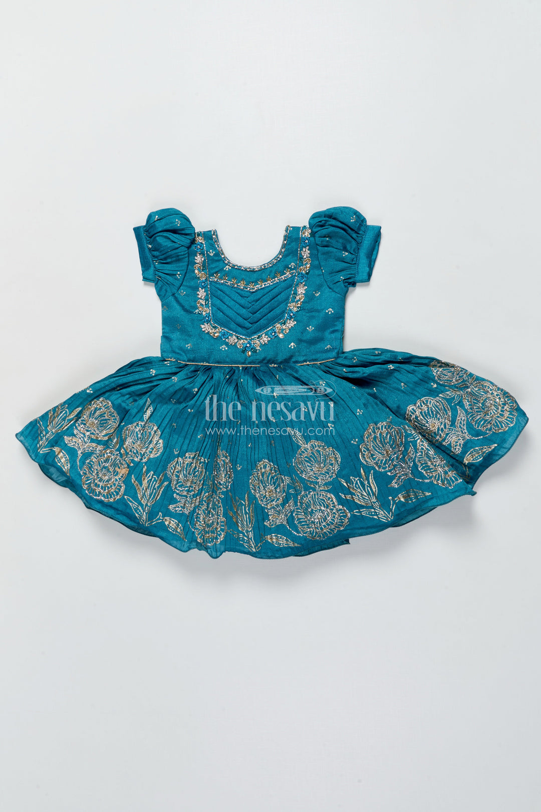 The Nesavu Silk Frock Baby Girl Silk Frock In Blue with Designer Yoke for Festive Functions Nesavu Nesavu baby girl silk frock blue chinnon designer yoke  perfect weddings special occasions