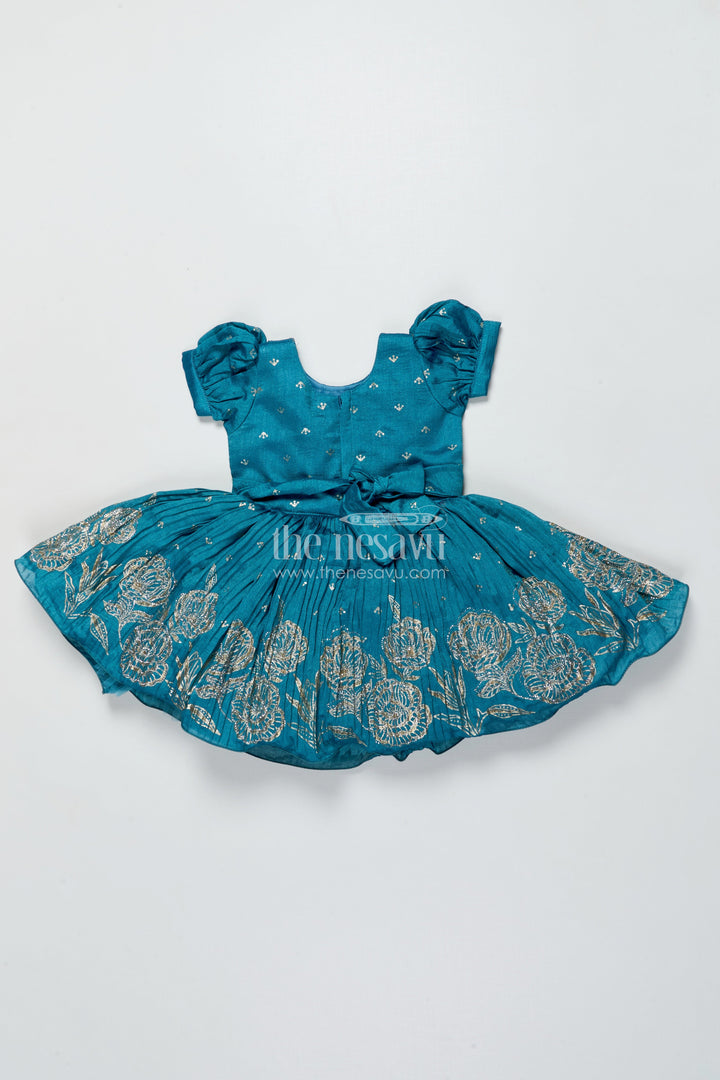 The Nesavu Silk Frock Baby Girl Silk Frock In Blue with Designer Yoke for Festive Functions Nesavu Nesavu baby girl silk frock blue chinnon designer yoke  perfect weddings special occasions