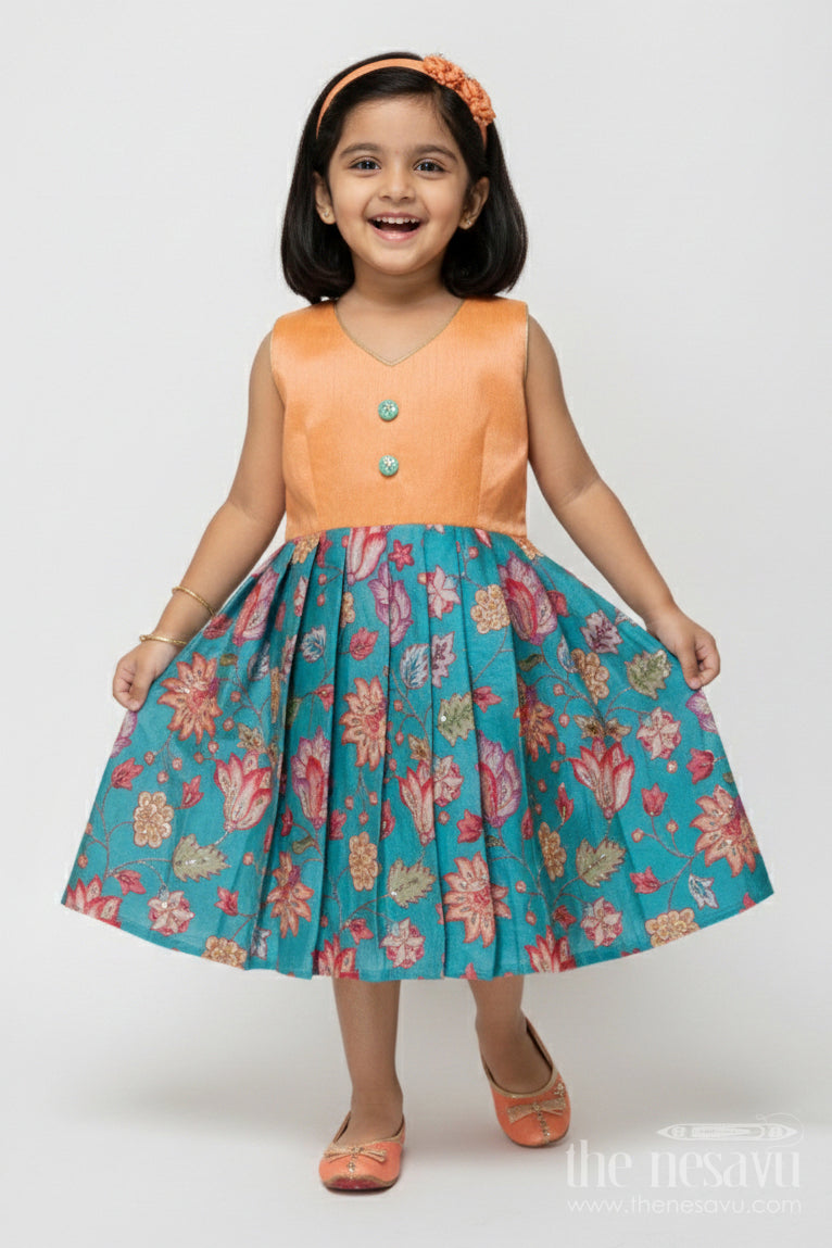 The Nesavu Silk Frock Baby Girl Silk Frock with Floral Banaras Skirt for Ethnic Celebrations Nesavu 18 (2Y) / Yellow SF1106A-18 Nesavu baby girl silk frock with raw silk yoke and Banaras floral skirt – ideal for birthdays and ethnic school events