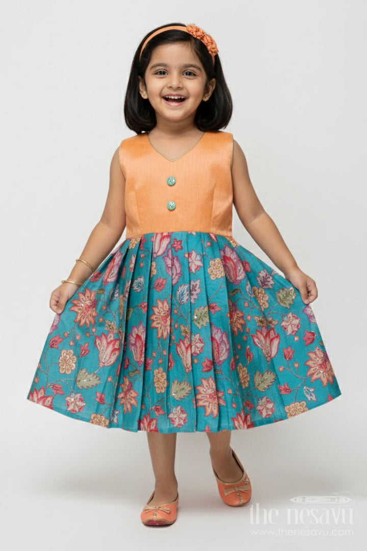 The Nesavu Silk Frock Baby Girl Silk Frock with Floral Banaras Skirt for Ethnic Celebrations Nesavu 18 (2Y) / Yellow SF1106A-18 Nesavu baby girl silk frock with raw silk yoke and Banaras floral skirt – ideal for birthdays and ethnic school events