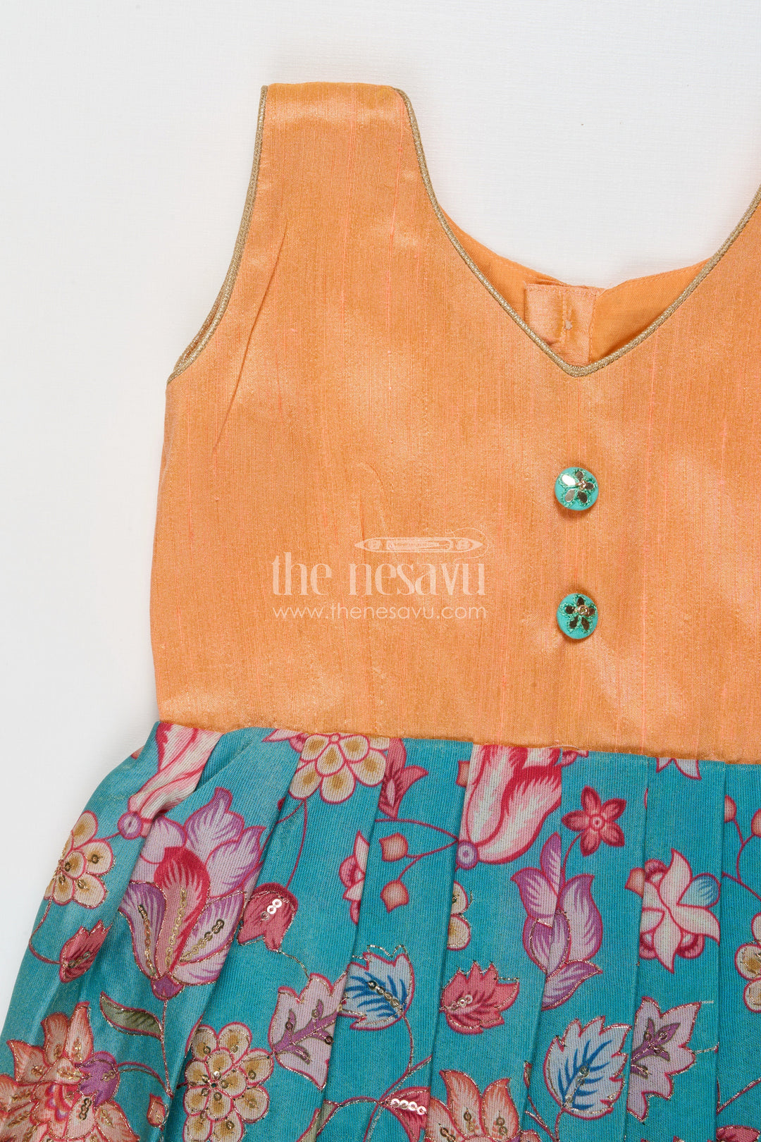 The Nesavu Silk Frock Baby Girl Silk Frock with Floral Banaras Skirt for Ethnic Celebrations Nesavu Nesavu baby girl silk frock with raw silk yoke and Banaras floral skirt – ideal for birthdays and ethnic school events