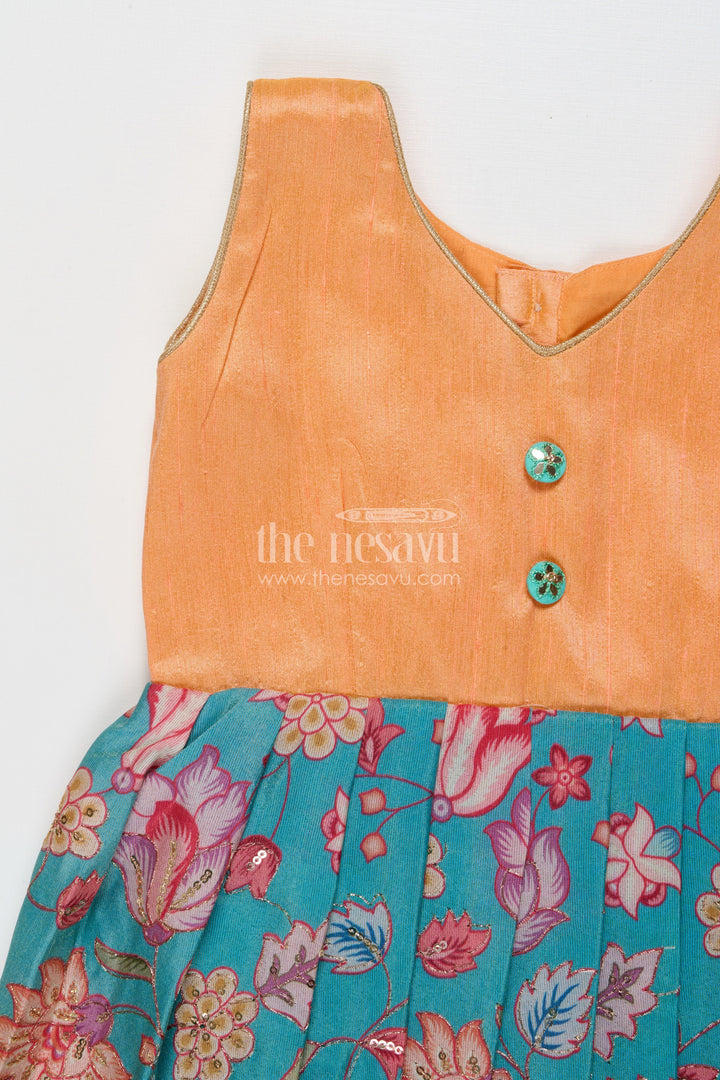 The Nesavu Silk Frock Baby Girl Silk Frock with Floral Banaras Skirt for Ethnic Celebrations Nesavu Nesavu baby girl silk frock with raw silk yoke and Banaras floral skirt – ideal for birthdays and ethnic school events