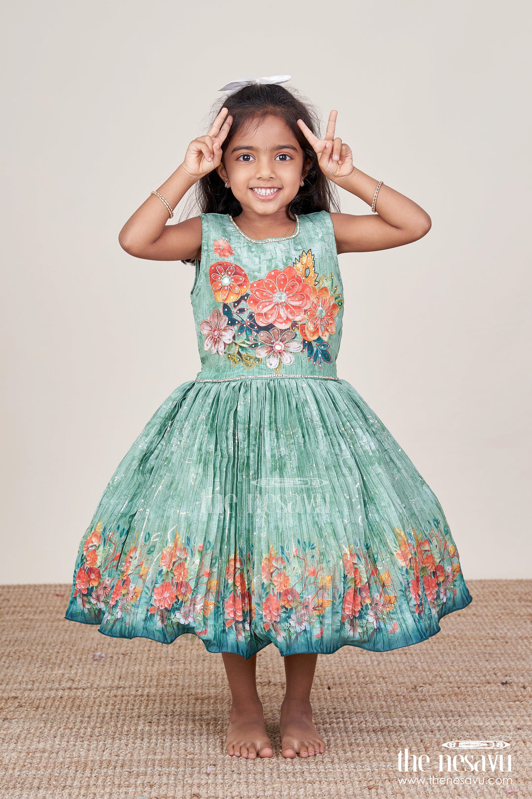 The Nesavu Silk Frock Baby Girl Silk Frock with Floral Embroidery for Weddings and Poojas Nesavu 18 (2Y) / Green SF1069A-18 Nesavu baby girl silk frock floral embroidery pleated flare  ideal festive functions