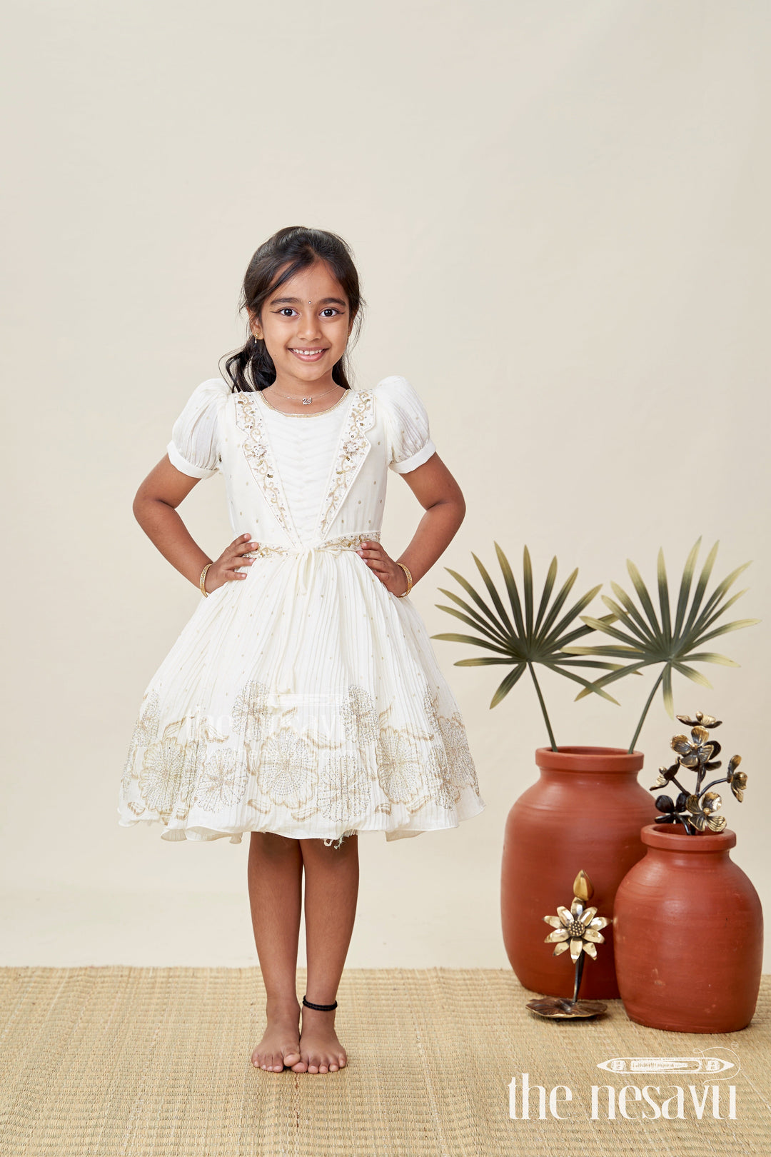 The Nesavu Silk Frock Baby Girl Silk Frock with Gold Embroidery for Naming Ceremonies and Weddings Nesavu 18 (2Y) / Cream SF1036B-18 Nesavu Baby Girl Silk Frock In Off-White With Gold Embroidery Naming Ceremony And Festive Outfit