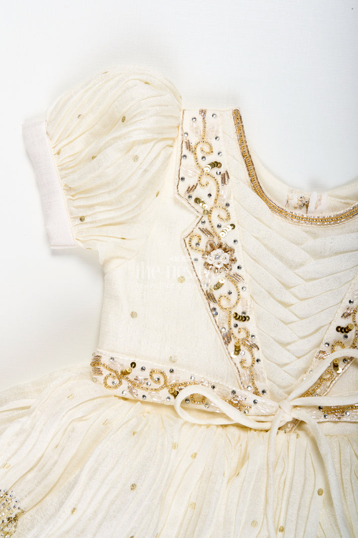 The Nesavu Silk Frock Baby Girl Silk Frock with Gold Embroidery for Naming Ceremonies and Weddings Nesavu Nesavu Baby Girl Silk Frock In Off-White With Gold Embroidery Naming Ceremony And Festive Outfit