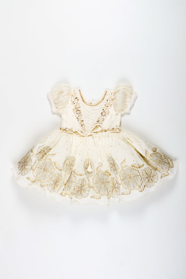 The Nesavu Silk Frock Baby Girl Silk Frock with Gold Embroidery for Naming Ceremonies and Weddings Nesavu Nesavu Baby Girl Silk Frock In Off-White With Gold Embroidery Naming Ceremony And Festive Outfit