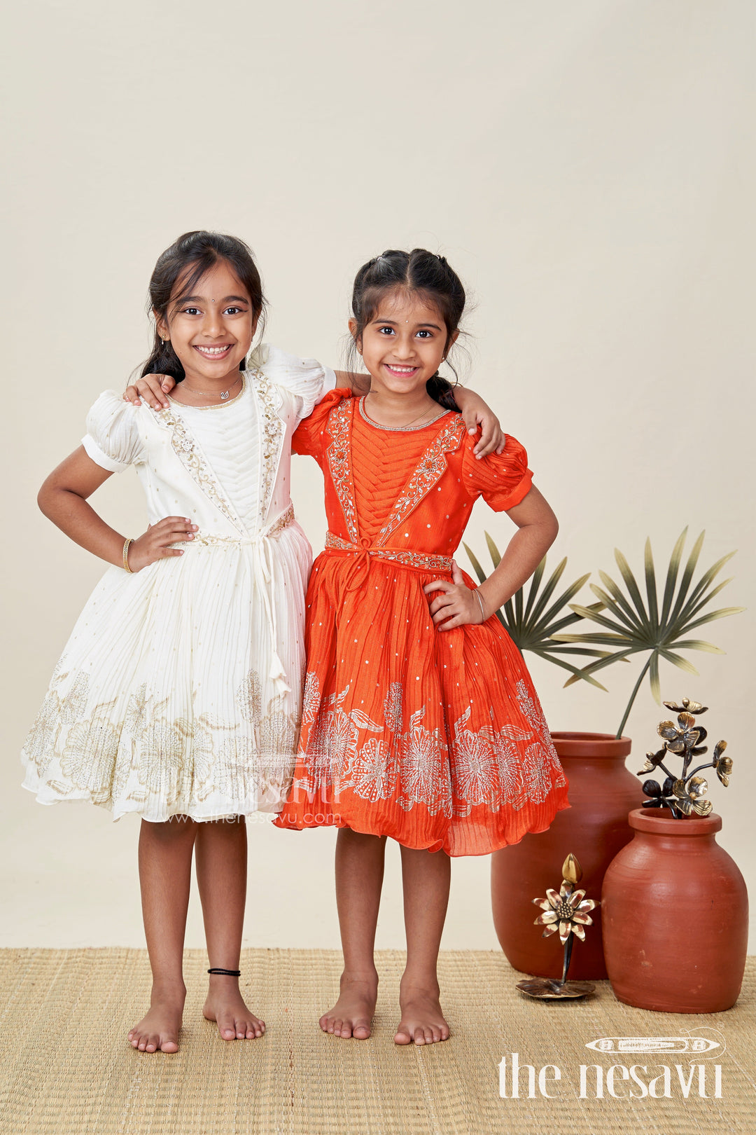 The Nesavu Silk Frock Baby Girl Silk Frock with Gold Embroidery for Naming Ceremonies and Weddings Nesavu Nesavu Baby Girl Silk Frock In Off-White With Gold Embroidery Naming Ceremony And Festive Outfit