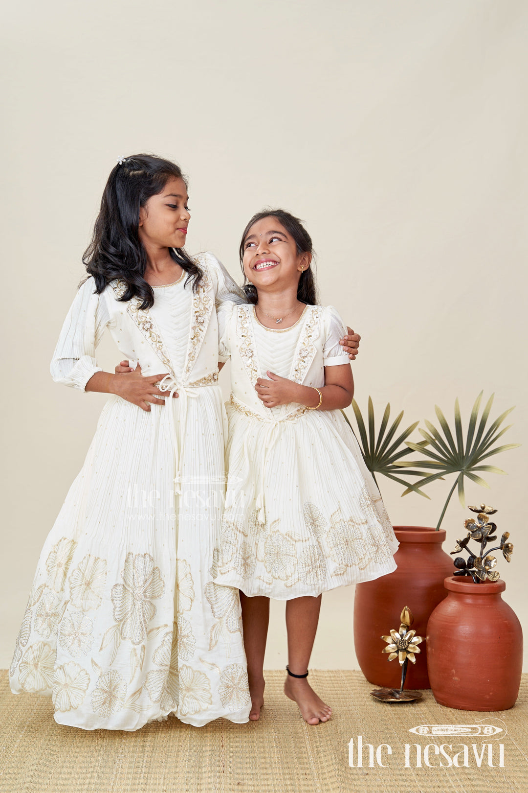 The Nesavu Silk Frock Baby Girl Silk Frock with Gold Embroidery for Naming Ceremonies and Weddings Nesavu Nesavu Baby Girl Silk Frock In Off-White With Gold Embroidery Naming Ceremony And Festive Outfit