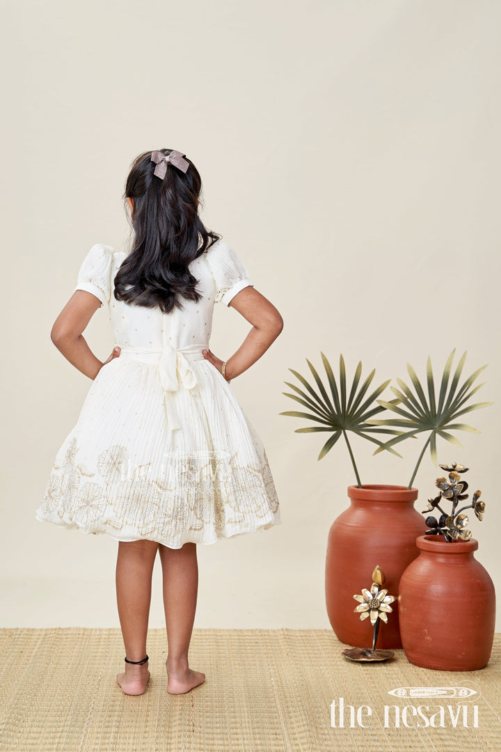 The Nesavu Silk Frock Baby Girl Silk Frock with Gold Embroidery for Naming Ceremonies and Weddings Nesavu Nesavu Baby Girl Silk Frock In Off-White With Gold Embroidery Naming Ceremony And Festive Outfit