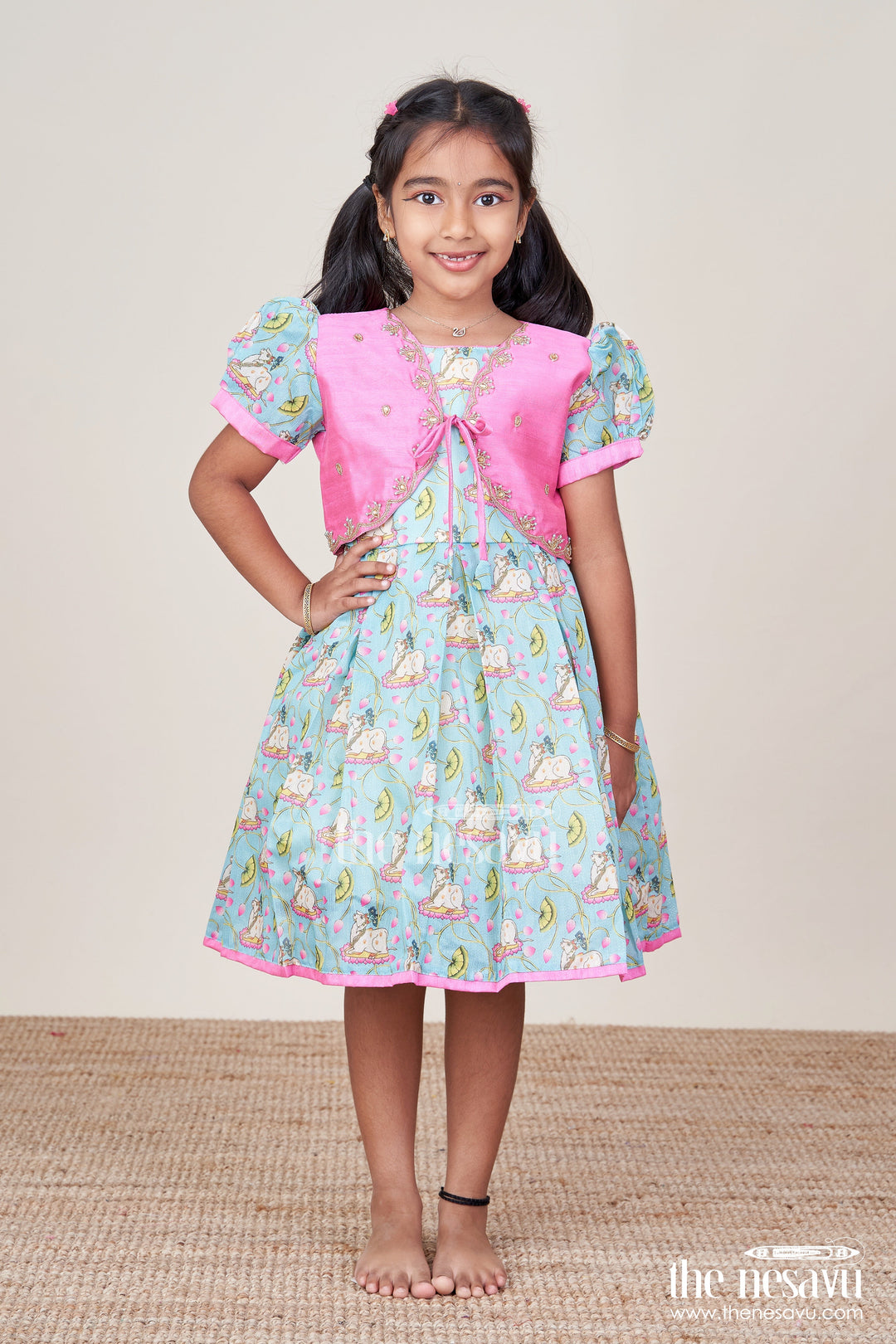 The Nesavu Silk Frock Baby Girl Silk Frock with Jacket for Festive Gatherings Nesavu 16 (1Y) / Pink SF1048A-16 Nesavu baby girl silk frock embroidered jacket digital print festive gatherings