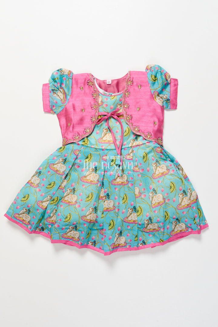 The Nesavu Silk Frock Baby Girl Silk Frock with Jacket for Festive Gatherings Nesavu Nesavu baby girl silk frock embroidered jacket digital print festive gatherings