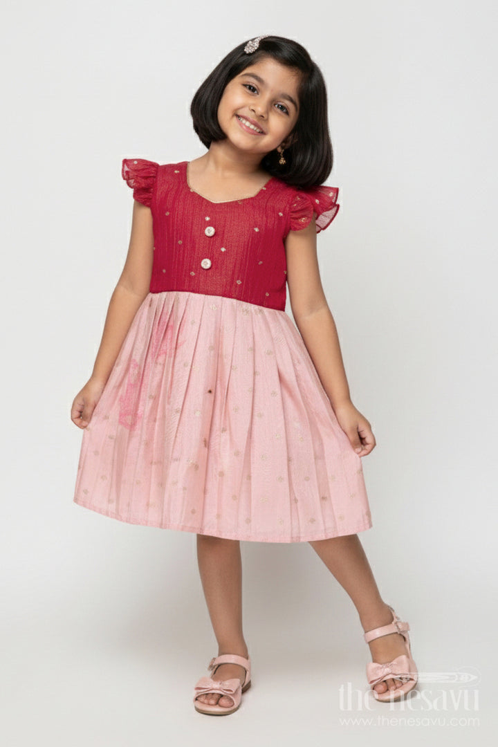 The Nesavu Silk Frock Baby Girl Silk Frock with Tissue Yoke for Weddings and Rituals Nesavu 18 (2Y) / Pink SF1102A-18 Nesavu baby girl silk frock with tissue yoke and lotus print – perfect for wedding celebrations and rituals