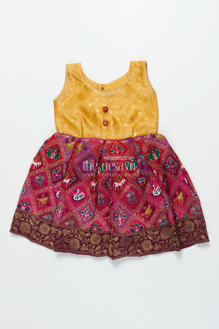 The Nesavu Silk Frock Baby Girl Silk Frock with Traditional Banarasi Motifs for Weddings and Ethnic Events Nesavu 18 (2Y) / Maroon SF1085A-18 Nesavu baby girl semi Banaras silk frock with tissue yoke and ethnic motifs for special occasions