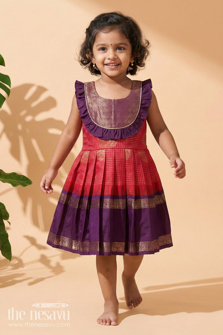 The Nesavu Girls Kanchi Silk Frock Baby Girl Silk Frock with Traditional Zari Detailing and Festive Neckline Nesavu 14 (6M) / Orange / Style 1 KSF036MA-14 Nesavu traditional silk frock for baby girls with zari checks and frill yoke