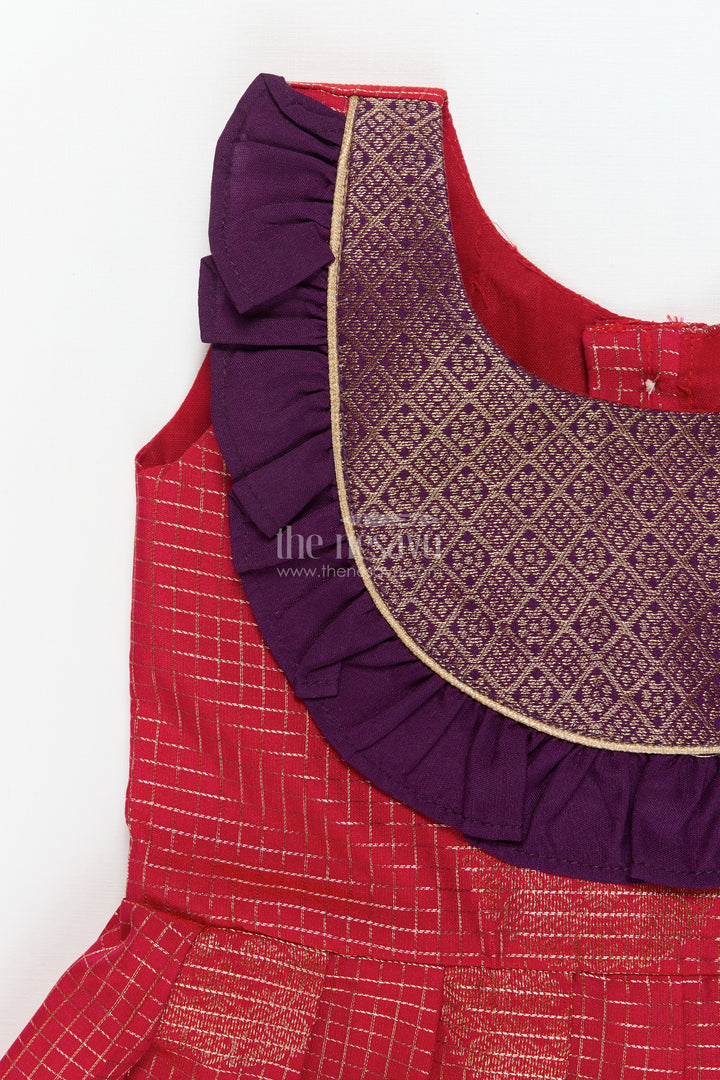 The Nesavu Girls Kanchi Silk Frock Baby Girl Silk Frock with Traditional Zari Detailing and Festive Neckline Nesavu Nesavu traditional silk frock for baby girls with zari checks and frill yoke