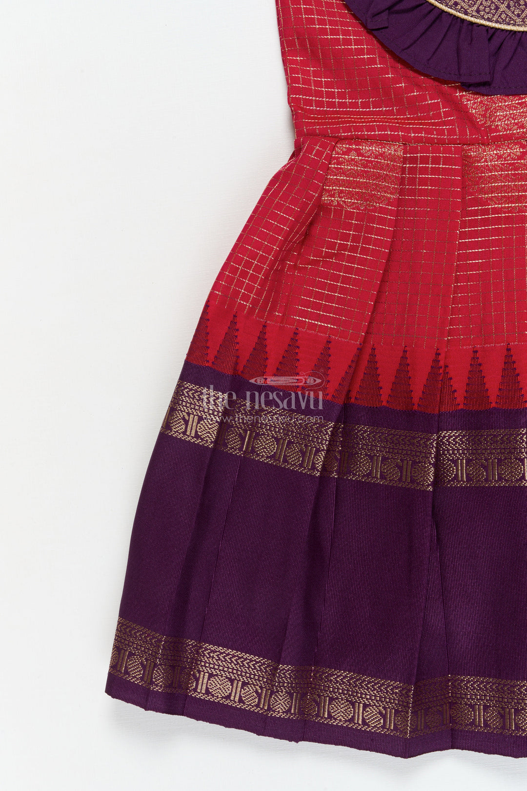 The Nesavu Girls Kanchi Silk Frock Baby Girl Silk Frock with Traditional Zari Detailing and Festive Neckline Nesavu Nesavu traditional silk frock for baby girls with zari checks and frill yoke