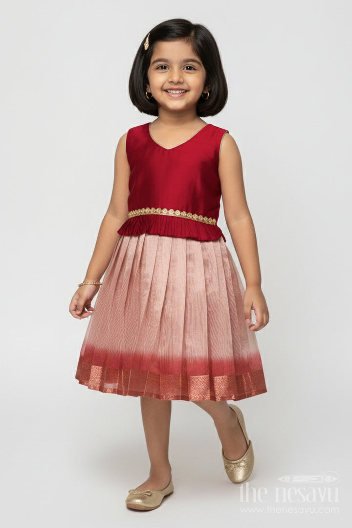 The Nesavu Silk Frock Baby Girl Silk Frock with Zari Border for Weddings and Festive Ceremonies Nesavu 22 (4Y) / Maroon SF1105A-22 Nesavu baby girl silk frock with tissue silk pleats and zari border – perfect for weddings and family rituals