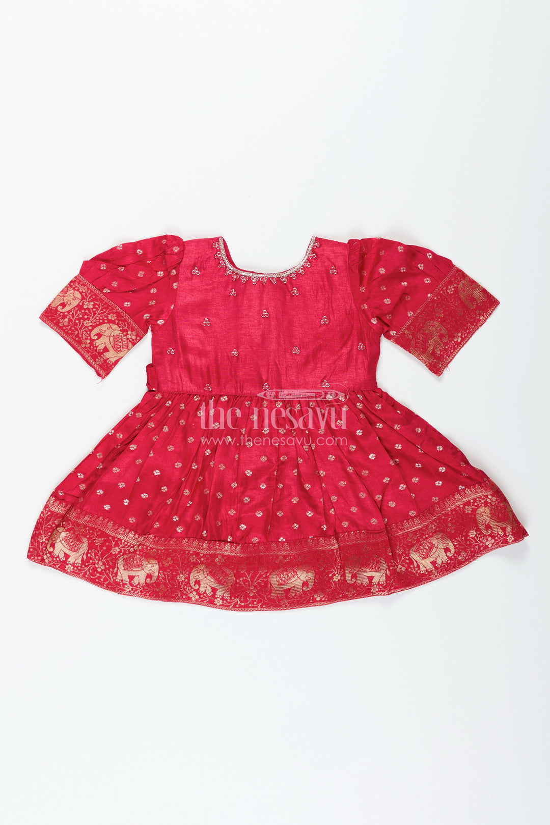 The Nesavu Silk Frock Baby Girl Silk Frock with Zari Elephant Border for Traditional Events Nesavu 16 (1Y) / Red GFC1936A-16 Nesavu baby girl silk frock zari elephant border jacquard weave festive occasions