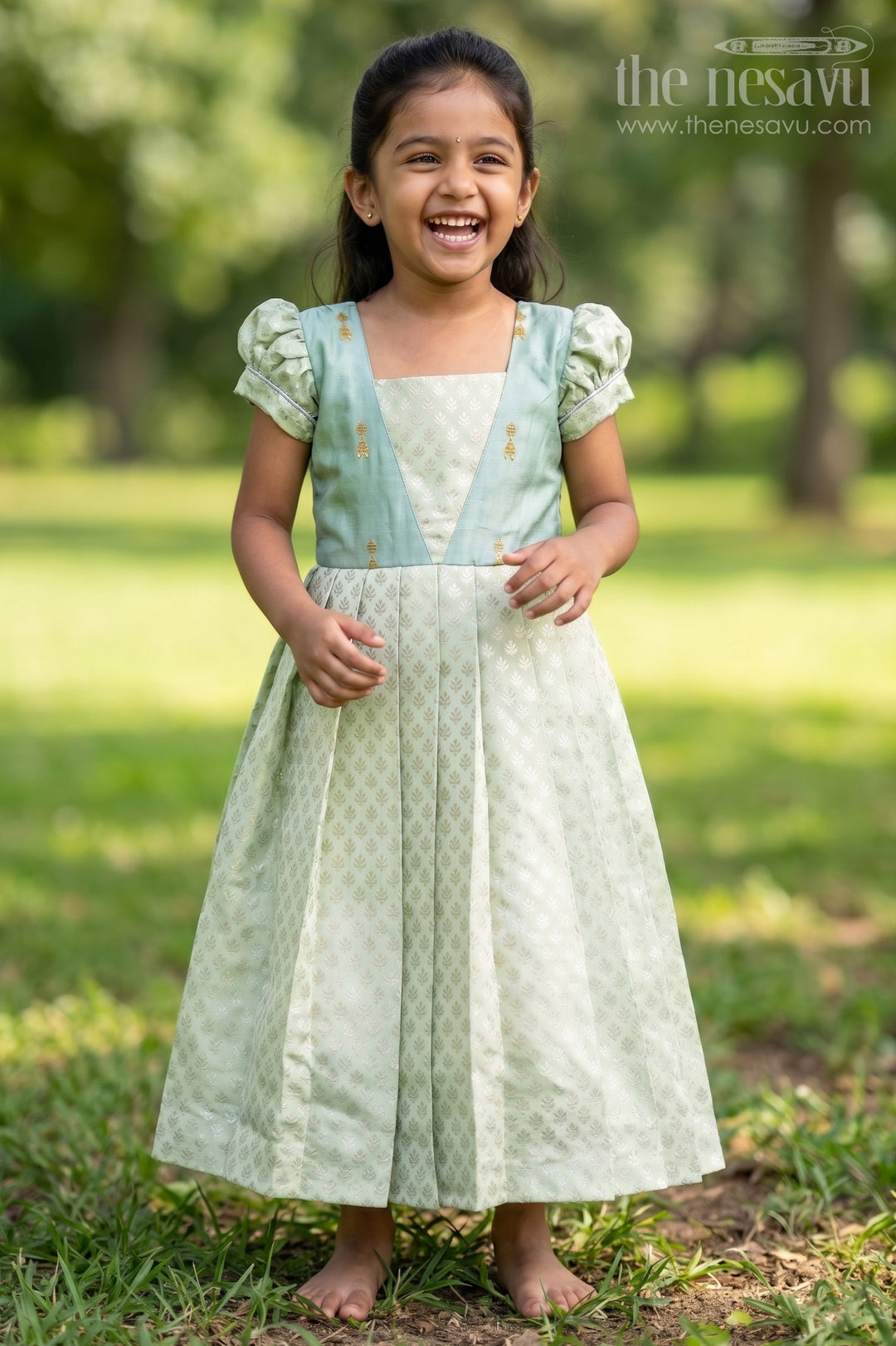 The Nesavu Girls Silk Gown Baby Girl Silk Gown for Festive Occasions and Traditional Wear Nesavu 18 (2Y) / Green / Banarasi GA390A-18 Nesavu baby girl silk gown for festive occasions with semi banaras silk and flared traditional design