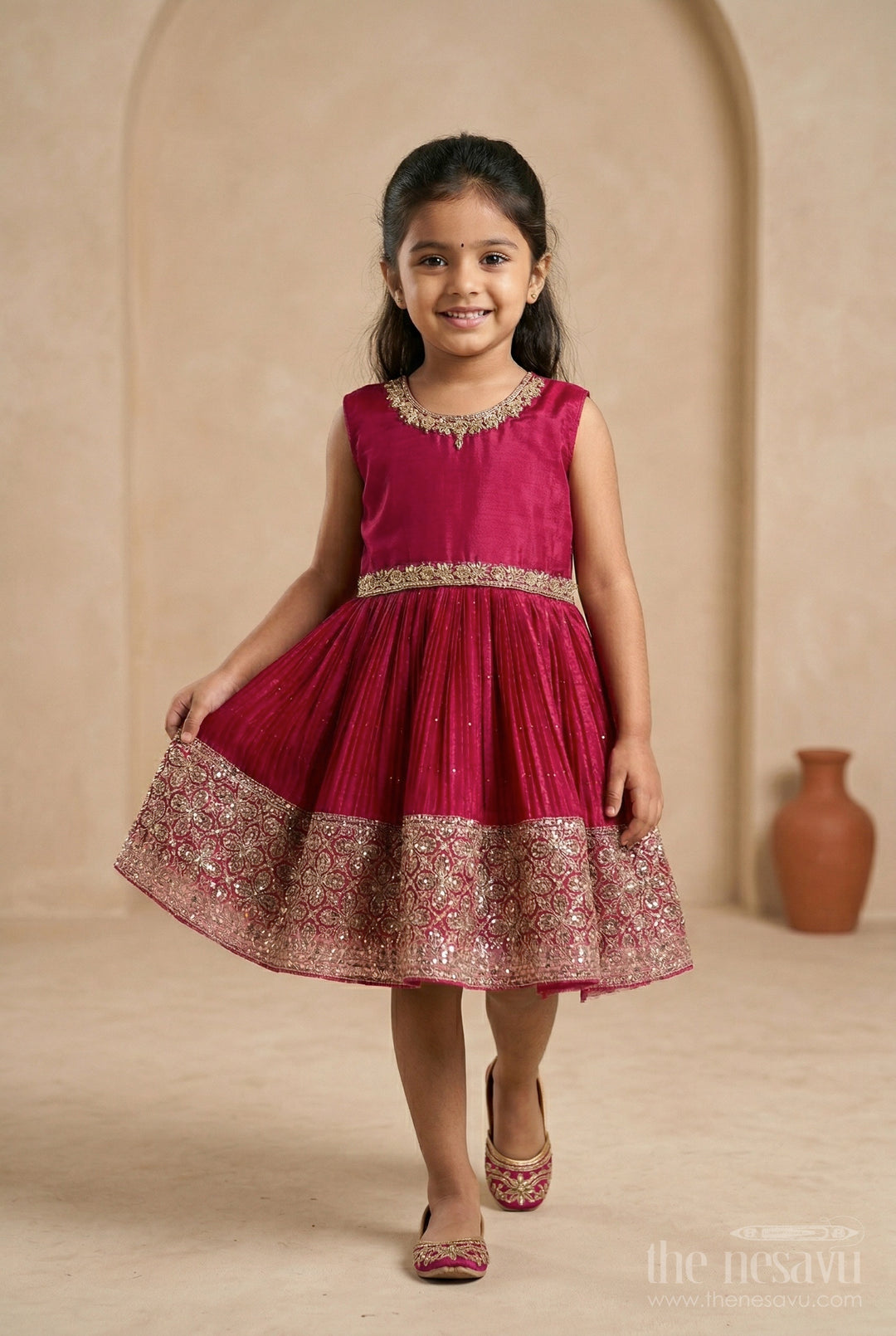 The Nesavu Silk Party Frock Baby Girl Silk Party Frock for Weddings and Festive Occasions Nesavu 18 (2Y) / Red / Chinnon SF1140B-18 Nesavu baby girl silk party frock for weddings with chinnon silk and sequin embroidery design