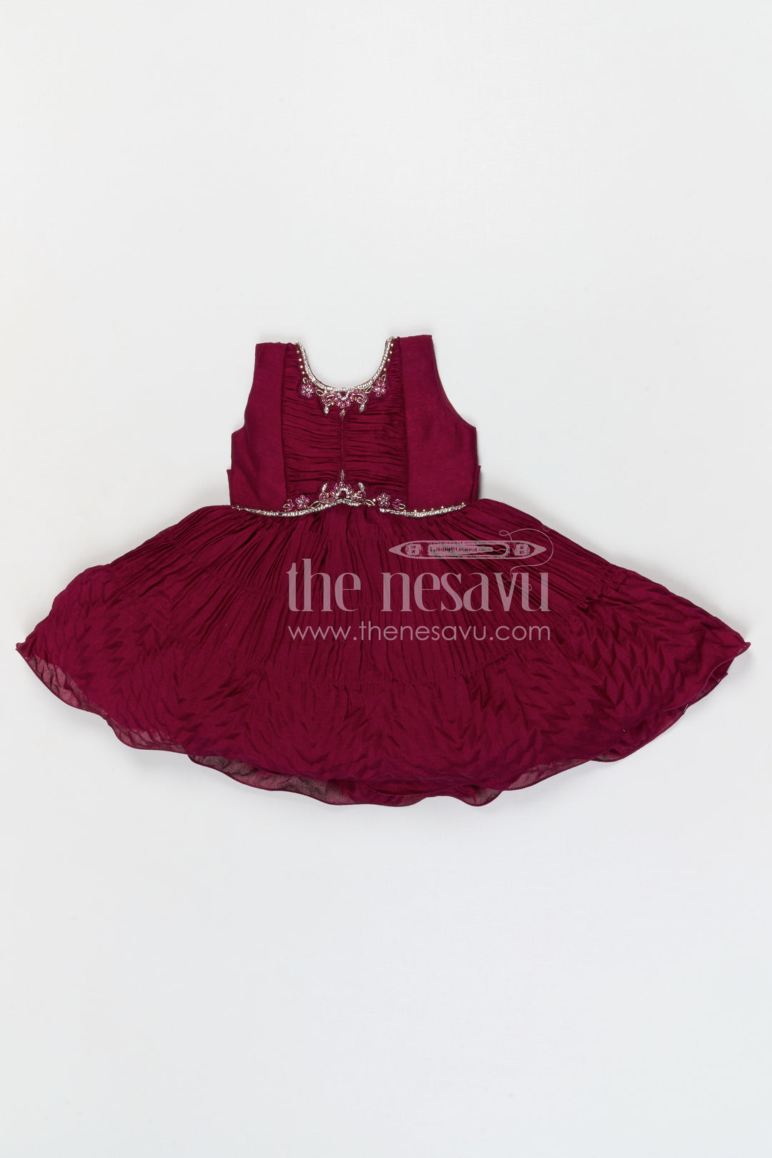 The Nesavu Silk Frock Baby Girl Silk Party Frock for Weddings and Special Celebrations Nesavu 18 (2Y) / Maroon / Georgette SF1139A-18 Nesavu baby girl georgette party frock with embroidered jacket for weddings and celebrations
