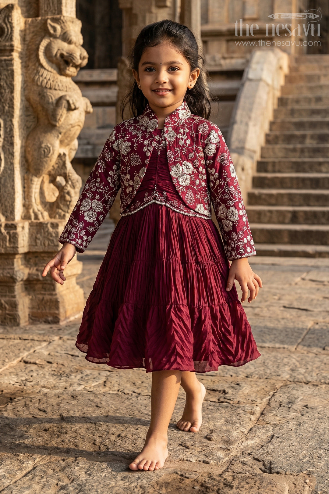 The Nesavu Silk Frock Baby Girl Silk Party Frock for Weddings and Special Celebrations Nesavu 18 (2Y) / Maroon / Georgette SF1139A-18 Nesavu baby girl georgette party frock with embroidered jacket for weddings and celebrations