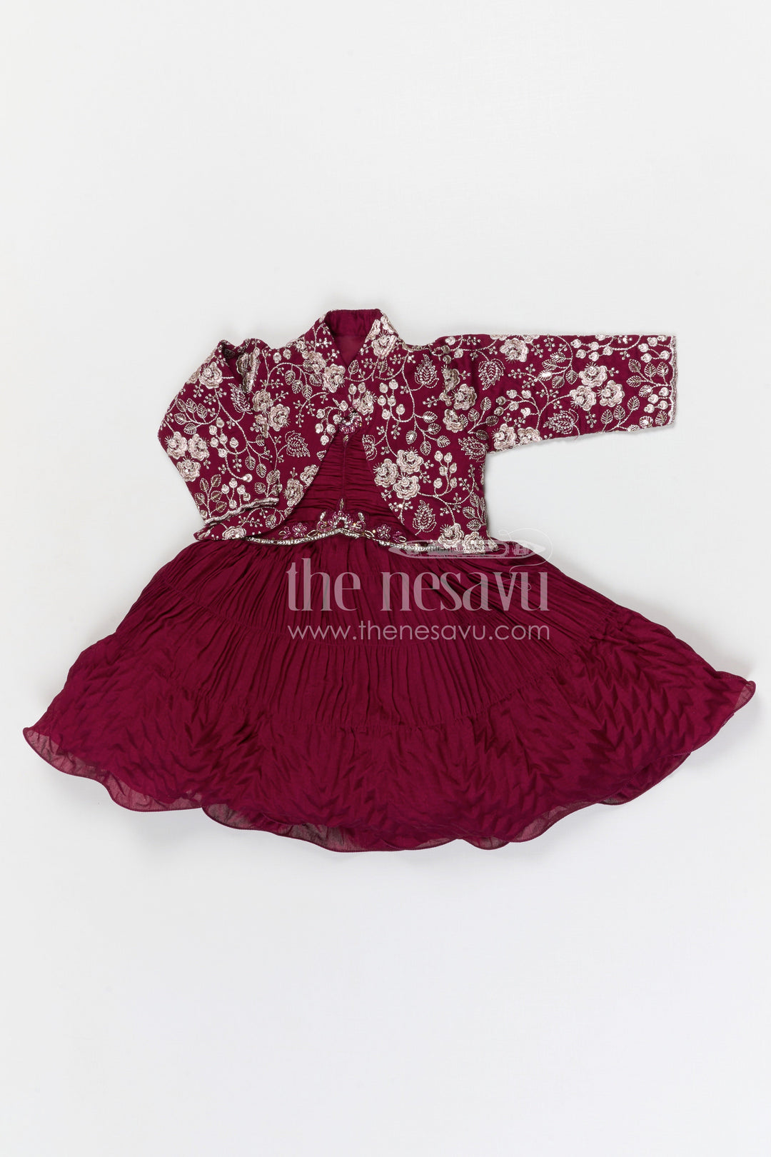 The Nesavu Silk Frock Baby Girl Silk Party Frock for Weddings and Special Celebrations Nesavu Nesavu baby girl georgette party frock with embroidered jacket for weddings and celebrations