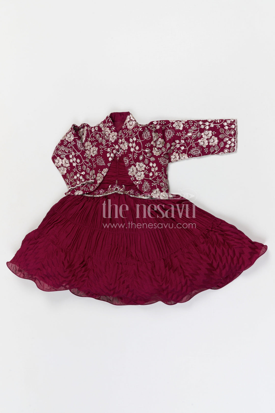 The Nesavu Silk Frock Baby Girl Silk Party Frock for Weddings and Special Celebrations Nesavu Nesavu baby girl georgette party frock with embroidered jacket for weddings and celebrations