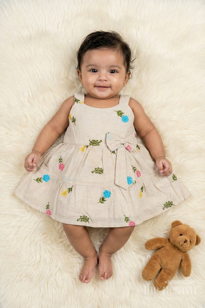 The Nesavu Baby Cotton Frocks Baby Girl Sleeveless Embroidered Cotton Frock for Everyday Comfort Nesavu 14 (6M) / Blue BFJ904B-14 Nesavu sleeveless cotton frock for baby girl with multicolor embroidery and bow detail