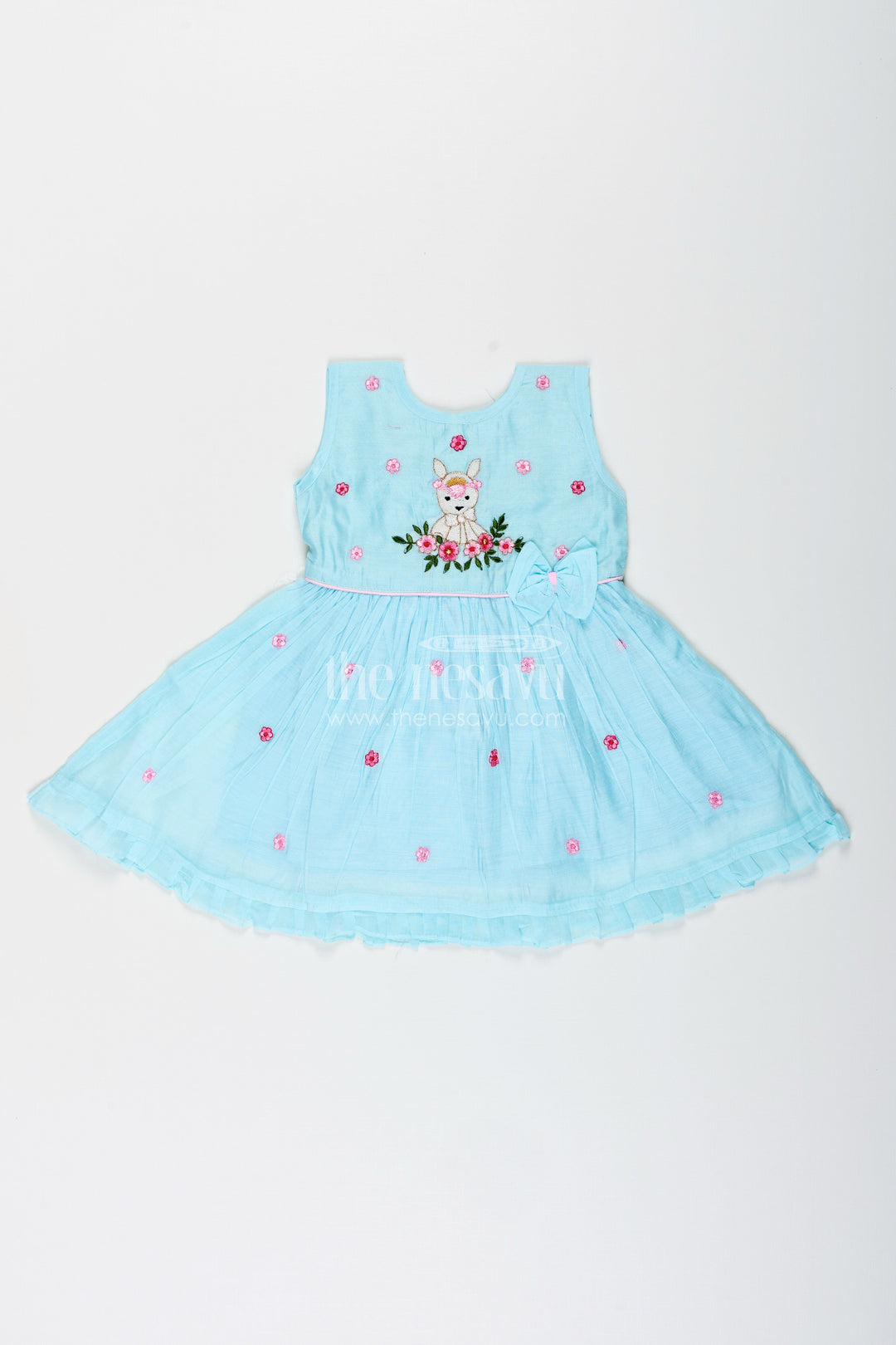 The Nesavu Girls Chanderi Frock Baby Girl Sleeveless Frock for Birthday and Photo Day Dressing Nesavu Nesavu baby girl sleeveless chanderi frock bow deer embroidery birthdays events