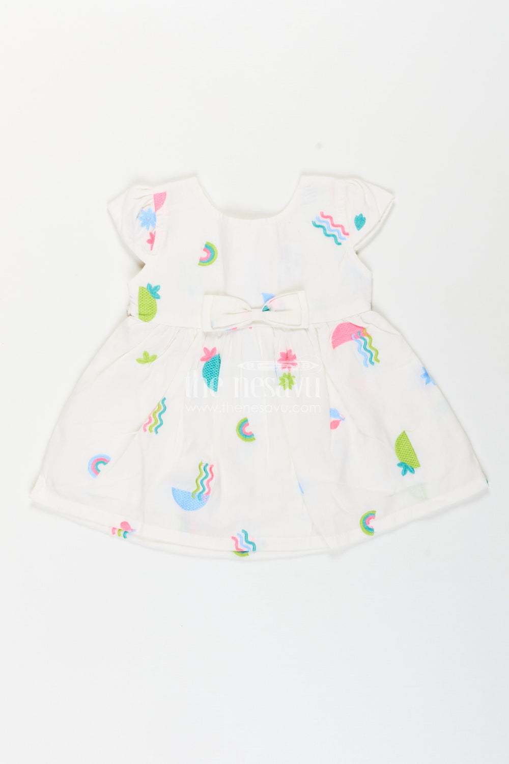 The Nesavu Baby Cotton Frocks Baby girl sleeveless frock with rainbow embroidery for casual photoshoots Nesavu 14 (6M) / White BFJ856A-14 Nesavu baby girl cotton frock with rainbow embroidery for photoshoots and summer days