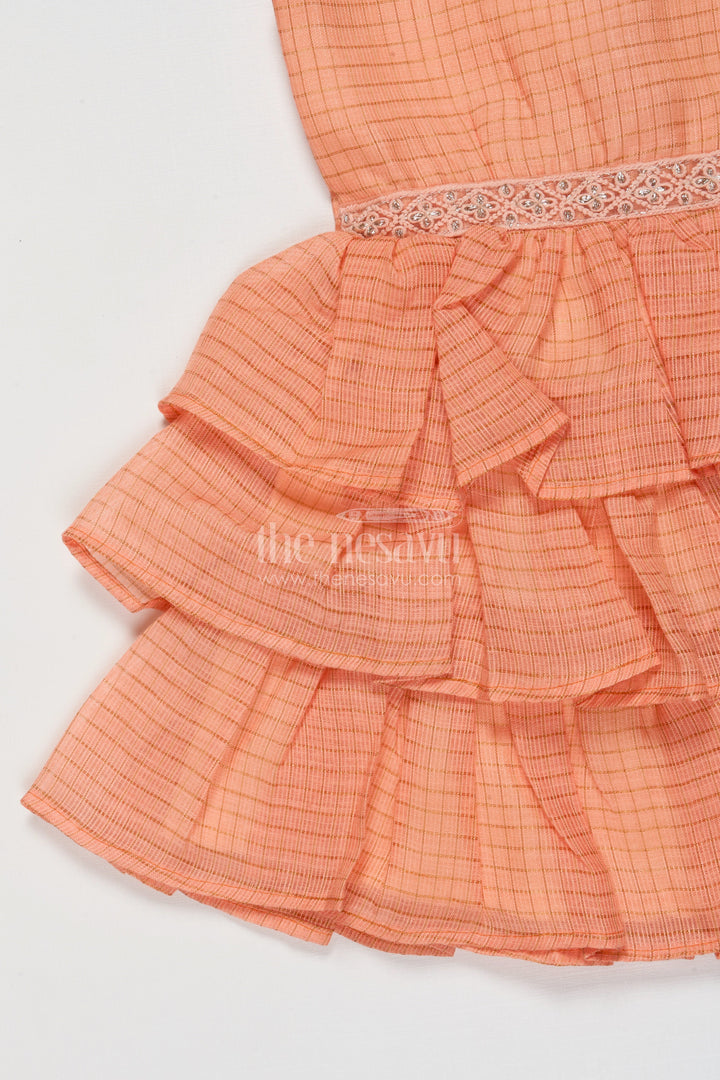 The Nesavu Girls Cotton Frock Baby Girl Sleeveless Frock with Ruffle Layers for Birthday Parties and Celebrations Nesavu Nesavu baby girl cotton frock with tiered ruffles and lace waist for festive occasions