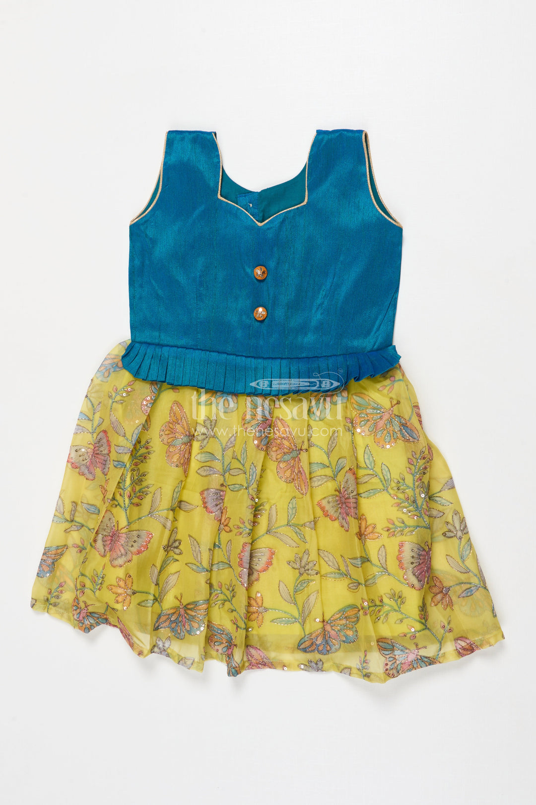 The Nesavu Silk Frock Baby Girl Sleeveless Silk Frock for Festive Occasions and Birthday Events Nesavu 20 (3Y) / Blue SF1099A-20 Nesavu baby girl silk frock with butterfly embroidery and raw silk yoke for birthdays and festive events