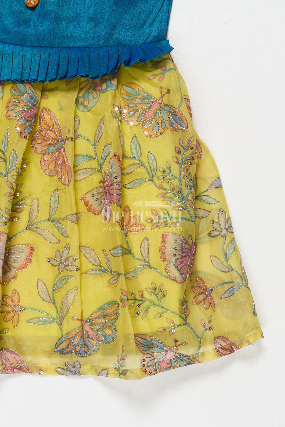 The Nesavu Silk Frock Baby Girl Sleeveless Silk Frock for Festive Occasions and Birthday Events Nesavu Nesavu baby girl silk frock with butterfly embroidery and raw silk yoke for birthdays and festive events