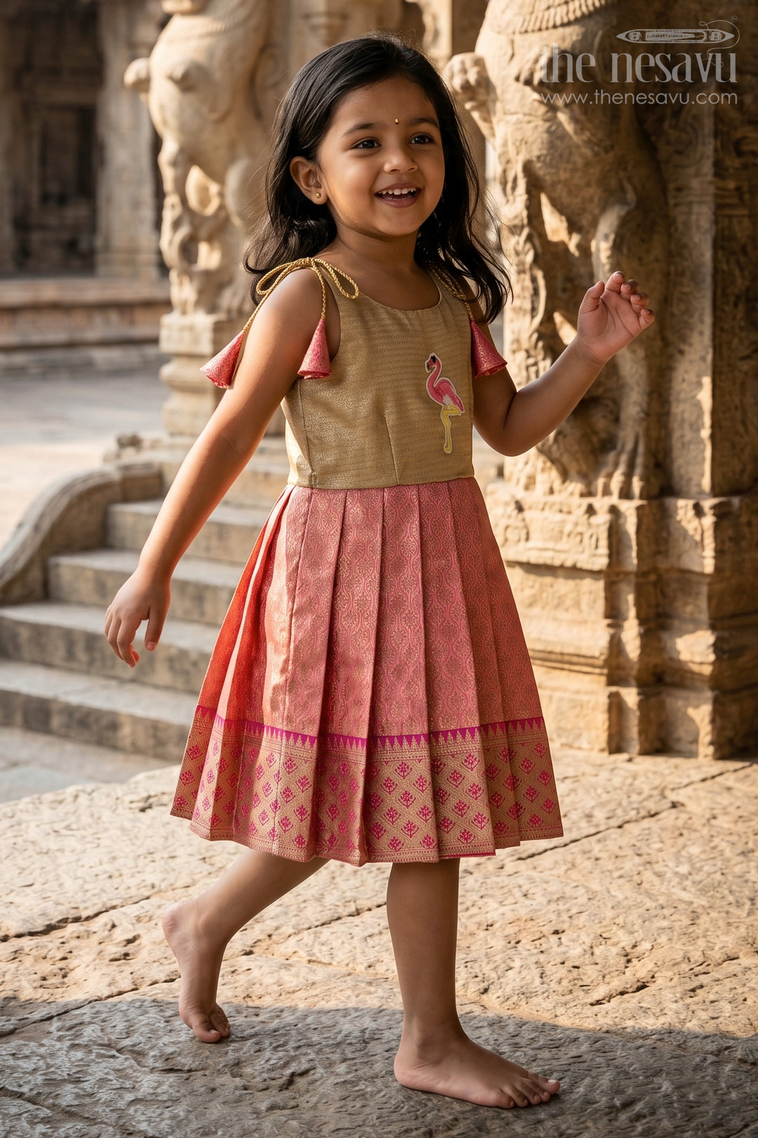 The Nesavu Tie-up Frock Baby Girl Tie up Frock for Festive Occasions and Party Wear Nesavu 16 (1Y) / Pink / Banarasi T429A-16 Nesavu baby girl tie up frock for festive occasions with semi banaras fabric and tissue yoke flared design