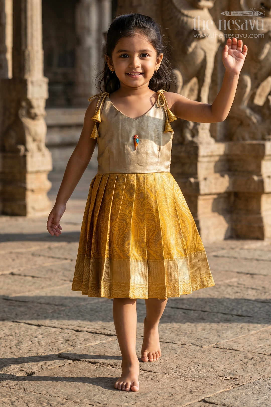 The Nesavu Tie-up Frock Baby Girl Tie up Frock for Festive Wear and Traditional Occasions Nesavu 16 (1Y) / Gold / Banarasi T428A-16 Nesavu baby girl tie up frock for festive wear with semi banaras fabric and tissue yoke flared design