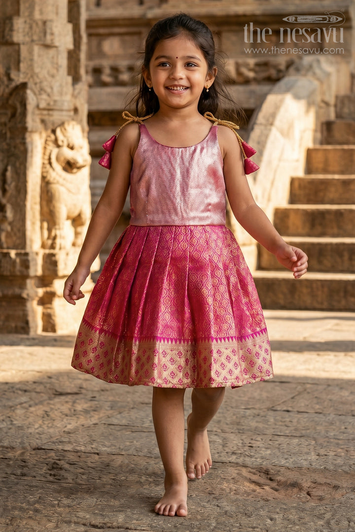 The Nesavu Tie-up Frock Baby Girl Tie up Frock for Festive Weddings and Birthday Parties Nesavu 16 (1Y) / Purple / Semi Banarasi T432A-16 Nesavu Baby Girl Tie Up Frock With Woven Festive Skirt For Weddings And Birthday Celebrations
