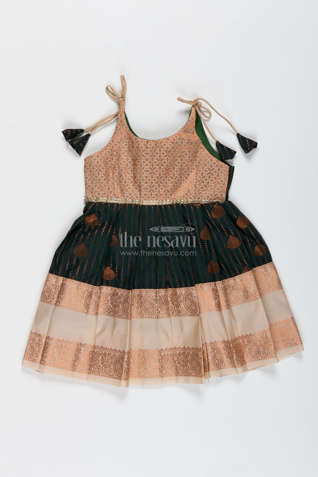 The Nesavu Tie-up Frock Baby Girl Tie-Up Frock in Silk for Birthdays and Ethnic Functions Nesavu 14 (6M) / Green / Style 1 SF993BA-14 Nesavu Baby Girl Frock In Semi Silk Ethnic Black And Peach Dress For Birthdays And Family Functions
