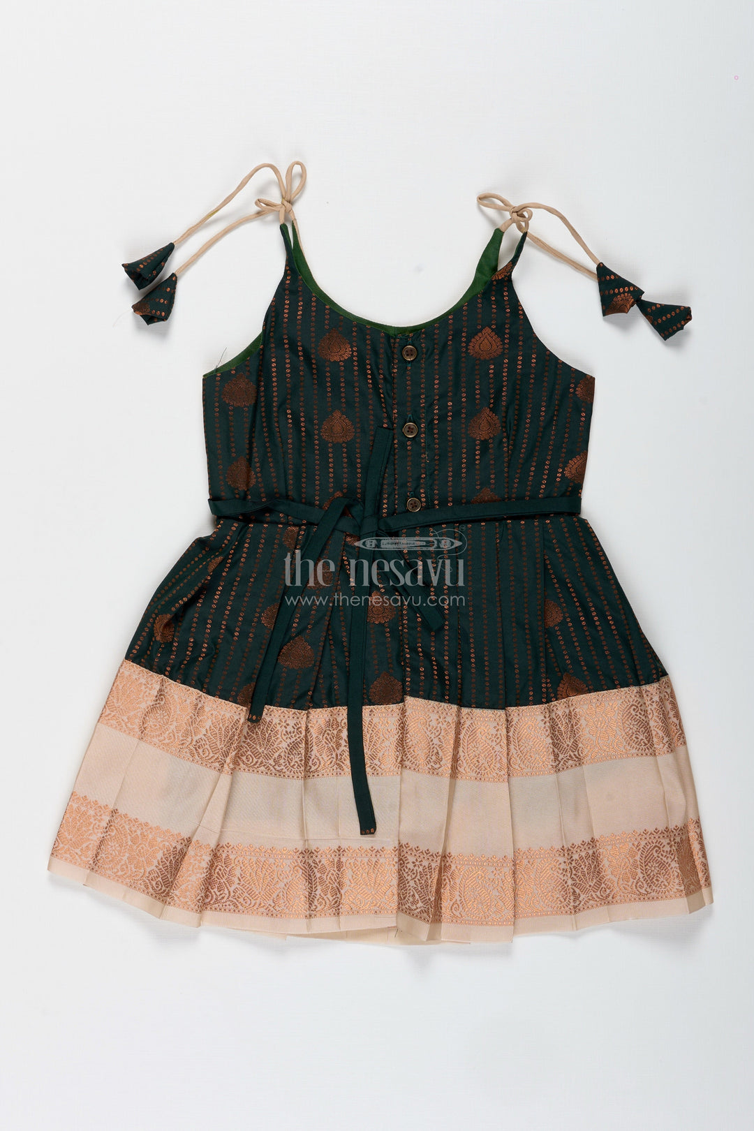 The Nesavu Tie-up Frock Baby Girl Tie-Up Frock in Silk for Birthdays and Ethnic Functions Nesavu Nesavu Baby Girl Frock In Semi Silk Ethnic Black And Peach Dress For Birthdays And Family Functions
