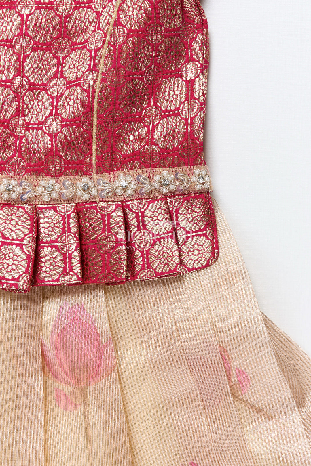 The Nesavu Pattu Pavadai Baby Girl Tissue Silk Pattu Pavadai with Semi Banaras Yoke for Weddings Nesavu Nesavu baby girl red tissue silk pattu pavadai with zari skirt for weddings and festive celebrations