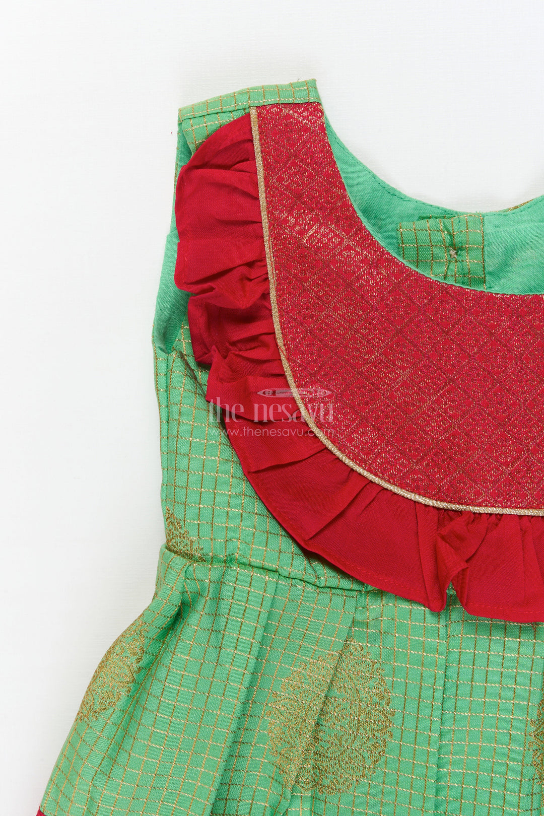 The Nesavu Girls Kanchi Silk Frock Baby Girl Traditional Silk Frock with Frilled Yoke for Festive Celebrations Nesavu Nesavu baby girl ethnic silk frock with zari detailing and contrast frilled yoke for cultural occasions