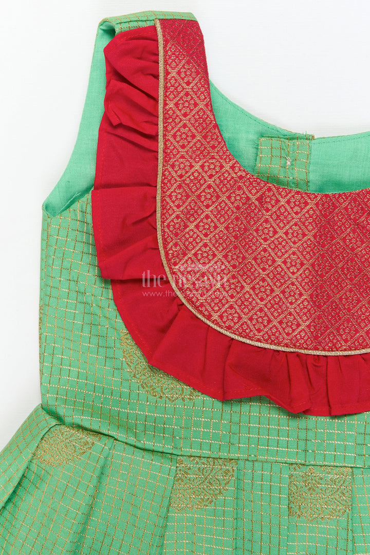 The Nesavu Girls Kanchi Silk Frock Baby Girl Traditional Silk Frock with Frilled Yoke for Festive Celebrations Nesavu Nesavu baby girl ethnic silk frock with zari detailing and contrast frilled yoke for cultural occasions