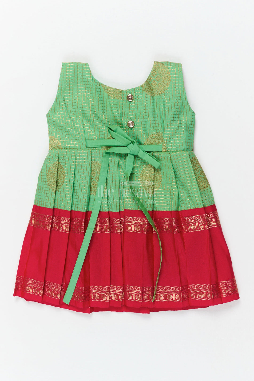 The Nesavu Girls Kanchi Silk Frock Baby Girl Traditional Silk Frock with Frilled Yoke for Festive Celebrations Nesavu Nesavu baby girl ethnic silk frock with zari detailing and contrast frilled yoke for cultural occasions